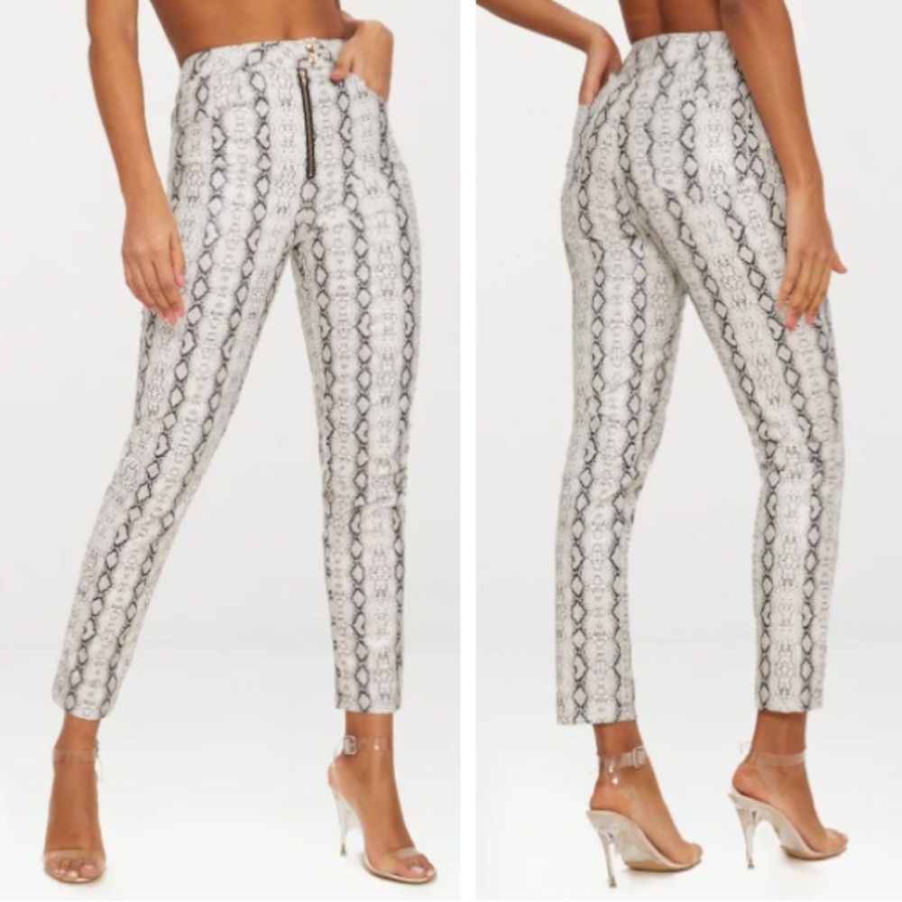 PRETTYLITTLETHING Grey Front Zip Snake Print Trouser Size 16
